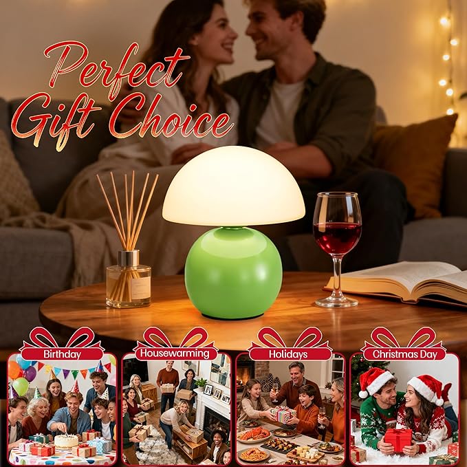Small Mushroom Lamp,USB-Plug in Bedside Table Lamps with 3-Temperature LED Bulb Dimmable,Unique Cute Aesthetic Home Decor for Living Room,Bedroom, Modern Ceramic Base Glass Lamp(Green)