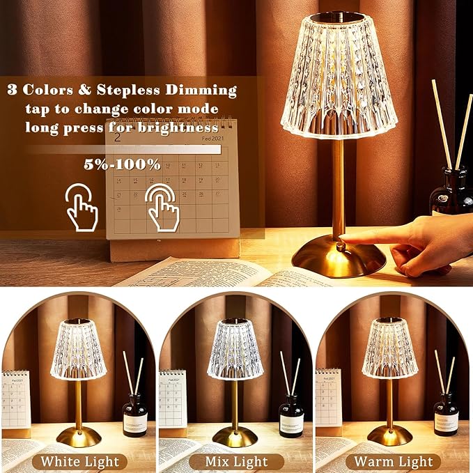 Liliful 2 Pcs Cordless Table Lamp Rechargeable Touch LED Small Gold Portable Battery Operated USB-c Desk Lamp 3 Color Dimmable for Bedroom Living Room Dining (Gold,Classic Style)