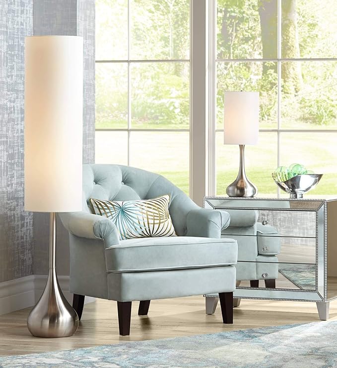 Possini Euro Design Modern Mid Century Modern Droplet-Shaped Floor Lamp 62" Tall Brushed Nickel Silver Metal Cotton Blend Cylinder Drum Shade Decor for Living Room Reading House Bedroom Home