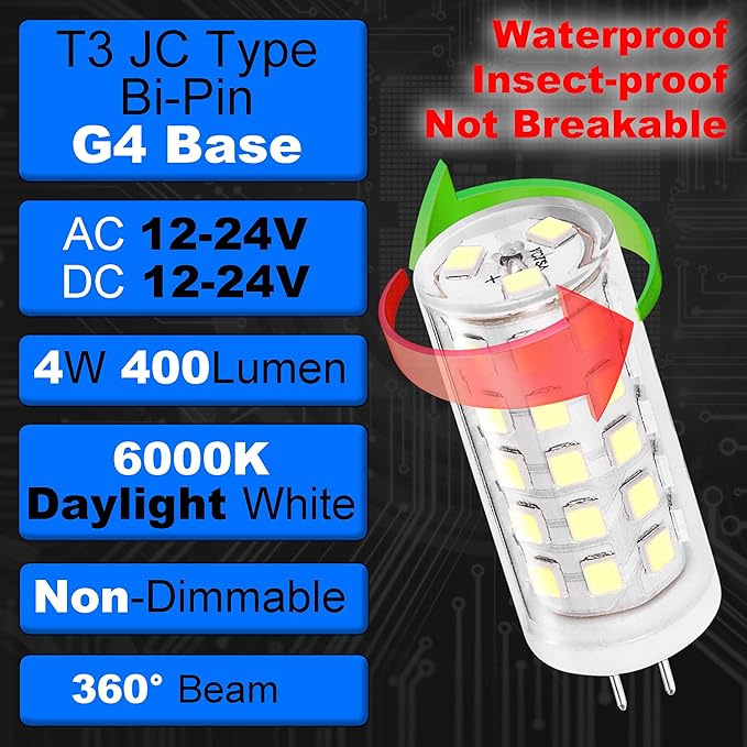 G4 Bi-Pin LED Bulbs 30W-40W Halogen Equivalent 6000K Daylight White 12V 24V T3 JC Type 4W 400lm G4 LED Bulb for RV Camper Marine Boat Deck Lights Landscape Step Lawn Lighting Chandelier, 8 Pack