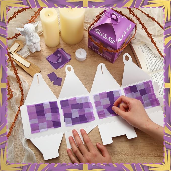 12 Sets Religious Easter Crafts Bulk Christian Cross Lanterns Crafts with LED Lights Glitter Cross Tissue Paper Lanterns for Easter Church VBS Sunday School Classroom Activities
