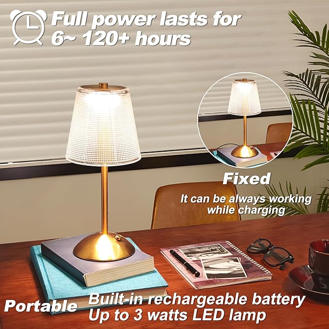 Cordless Table Lamp, 4000mAh Rechargeable Battery Operated Lamp, 3 Color Modes & Stepless Dimmable LED Touch Lamp, Portable Crystal Metal Beside Lamps for Bedroom Restaurant Outdoor(Black)