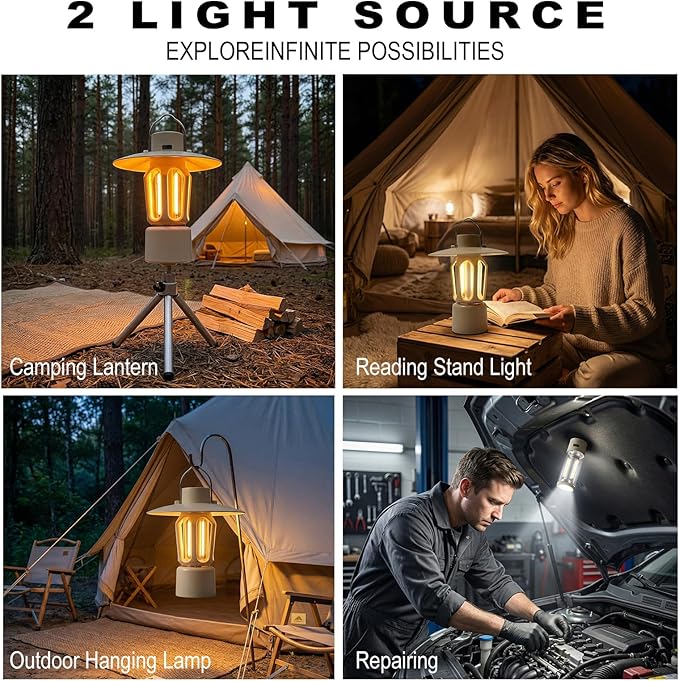 Retro Rechargeable LED Camping Lantern, 400LM 2000mAh, IPX4 Waterproof with Stand/Magnetic Base/Hook, 5 Light Modes, Rechargeable Vintage Lantern for Camping, Hiking, Power Outages, Gifts