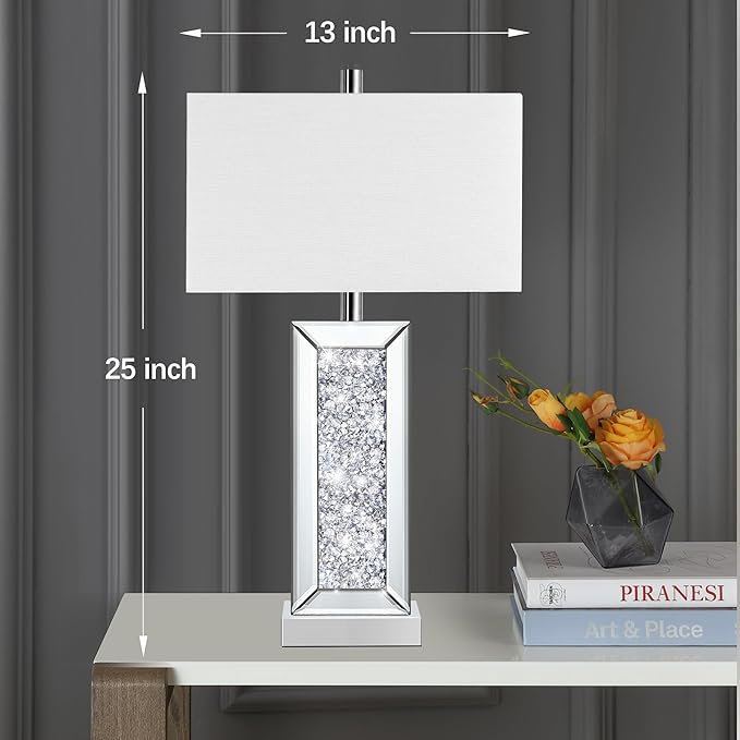 Modern Table Lamp Set of 2 Touch Control, Silver Mirror Big Diamond Crystal Bedside Lamp with USB C+A Ports, 3-Way Dimmable Mirrored Nightstand Lamps White Fabric Shade for Living Room Bedroom