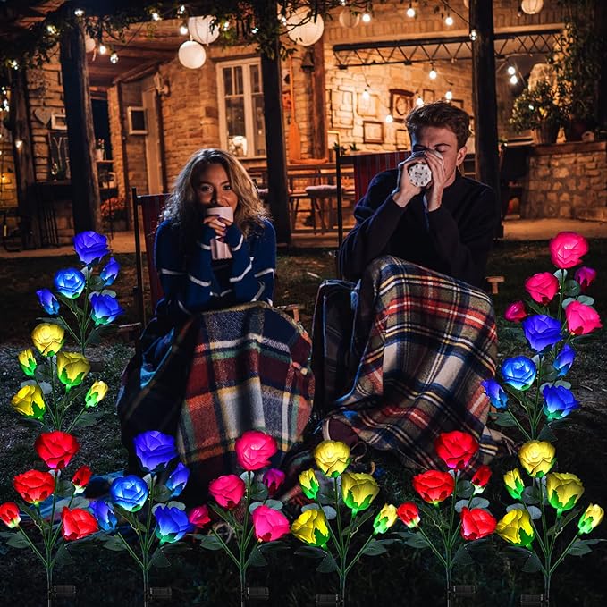 ANGMLN 2 Pack Solar Garden Lights Valentine's Day Decoration, Solar Flower Lights Outdoor Waterproof with 10 Head Red Rose 7-Color Changing Landscape Light for Pathway Garden Patio Yard