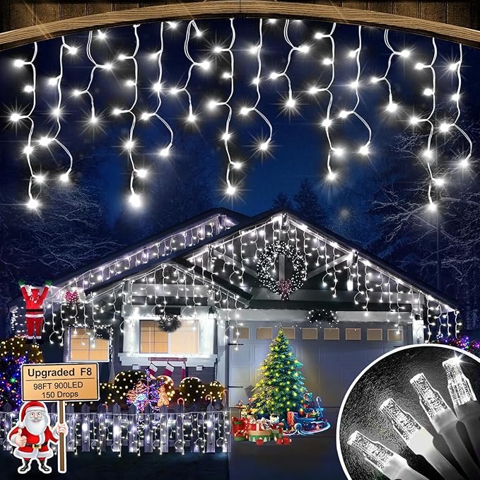 Christmas Lights Outdoor, 98FT 900LED Ice Lights for Outside, Ice String Lights with 8 Modes, Waterproof Timer Memory Hanging Light for Eaves Party Yard Garden(Cool White)