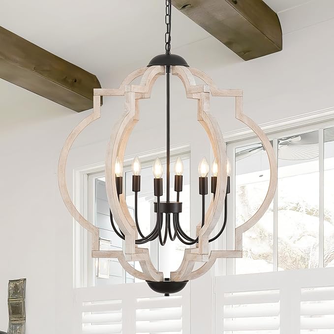 8-Light 30.5" Farmhouse Orb Chandelier Rustic Handmade Distressed White Wood Hanging Ceiling Pendant Light Fixture Wood Lantern Chandeliers for Dining Room Kitchen Bedroom Foyer Hallway