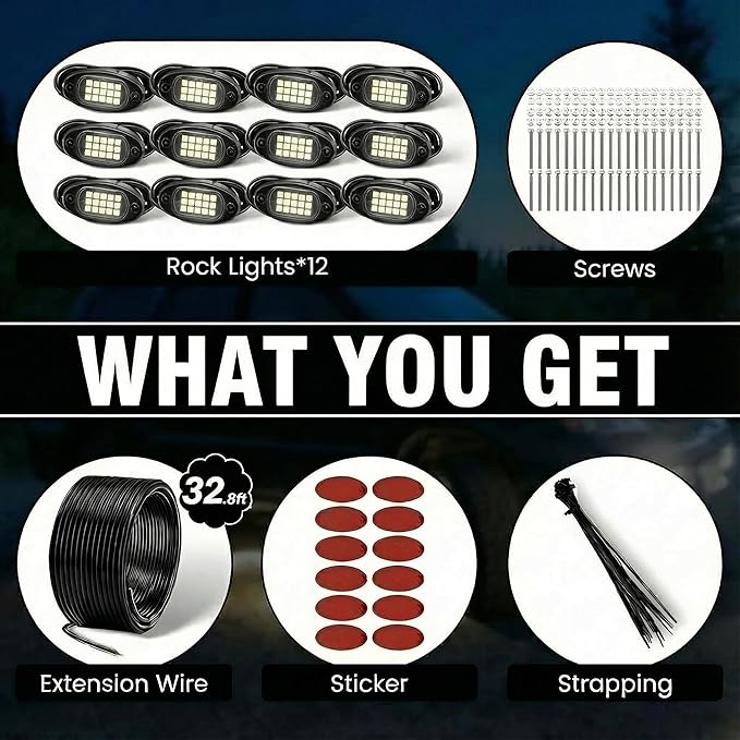 YONEDA 12 Pods White Rock Lights 6000K Ultra Bright LED Neon Underglow Lights IP68 Waterproof for Trucks SUV UTV ATV RZR Car Boats Pickup Motorcycle with 32.8ft Extension Wire