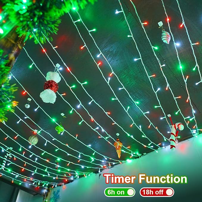 QITONG Red White Green Outdoor String Light, 165ft 500 LED Christmas Lights with 8 Modes, Clear Wire Twinkle Xmas Light Indoor Plug-in