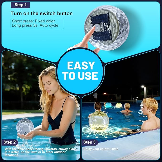 Solar Floating Pool Light – Color-Changing LED Light for Pools, Ponds, Gardens & More | Waterproof & Rechargeable for Pools, Ponds, Spas, Fountains, Patios Nighttime Ambiance