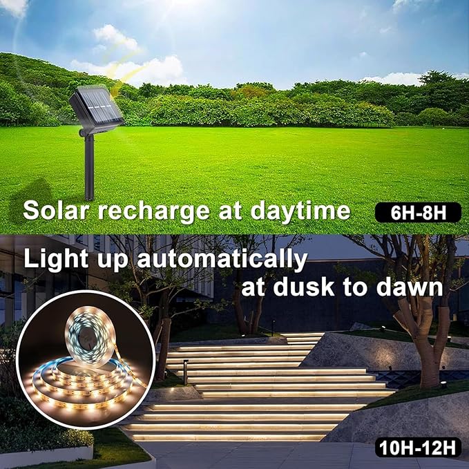 Solar LED Light Strip Outdoor Tape Rope Lights Waterproof 10ft Garden Path Decorative Lighting with 8 Modes for Outside, Wrap, Party, Stair, Step, Gazebo, Yard, Wedding, 2 Pack