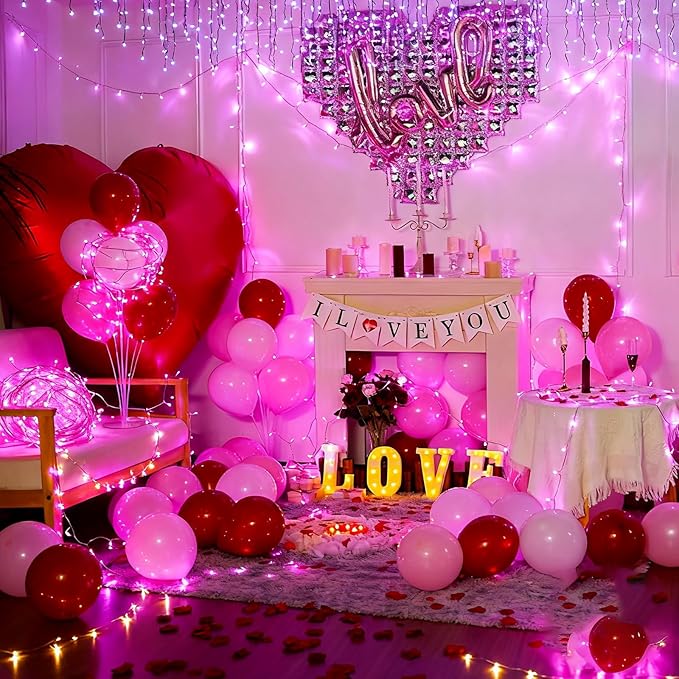 Pink String Lights for Valentines Day Decor, Plug in & Connectable 100 LED 33 Ft Clear Wire Fairy Christmas Lights for Bedroom Indoor Outdoor Girl's Room Valentines Aesthetic Romantic Decorations