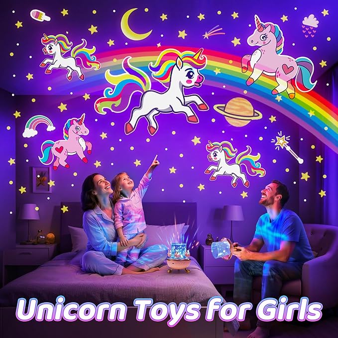 One Fire Night Light Projector for Kids,315 Lighting+15 Films+15 Music Sound Machine Baby, 360°Rotate+Remote+Dimmable Ceiling Star Projector for Kids Room Decor,Unicorn Toys Birthday Gifts for Girls