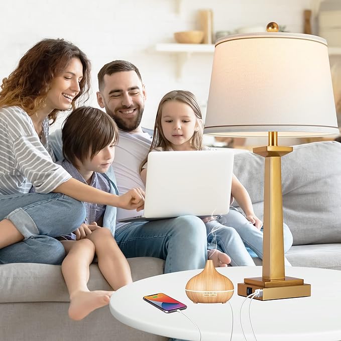 ROTTOGOON 29" Gold Table Lamps with 2 USB Charging Ports, 3-Color Temperature Nightstand Modern Lamps with Rotary Switch, Resin Brass Tall Lamp for Living Room Bedroom Home Office (LED Bulb Included)