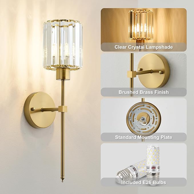 Hardwired Crystal Wall Sconces Set of Two - Dimmable Wall Light Fixtures 3000K, Warm White, for Hallway, Bathroom, Living Room, Bedroom, Brass, 20.1 Inch
