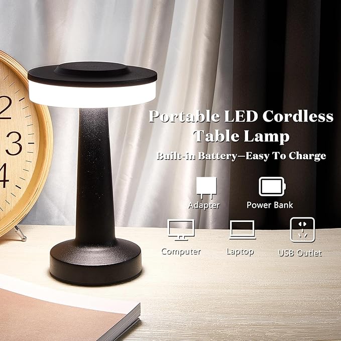 Riakrum 2 Pcs LED Portable Cordless Table Lamp with Touch Sensor 3 Color Stepless Dimming Rechargeable Battery up to 15 Hours Cordless Table Light Wireless Lamp for Nursery (Black)