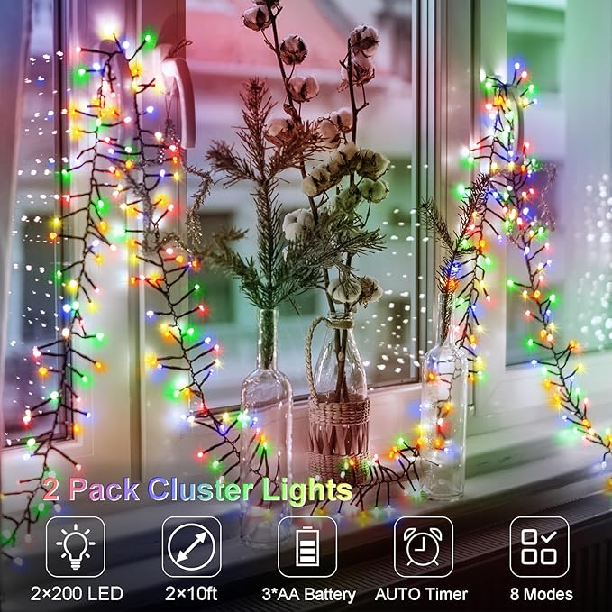 2 Pack Cluster String Lights Battery, Total 20Ft 400 LED Christmas String Lights with Timer 8 Modes Firecracker Twinkle Lights Waterproof for Outdoor Tree Xmas Decor (Multicolor)