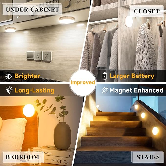 Improved LED Rechargeable Motion Sensor Light Indoor, Bright & Long-Lasting Battery, Stick-On Motion Sensor Puck Night Lights for Closet, Cabinet, Kitchen, Hallway, Stairs - Warm 2Pack
