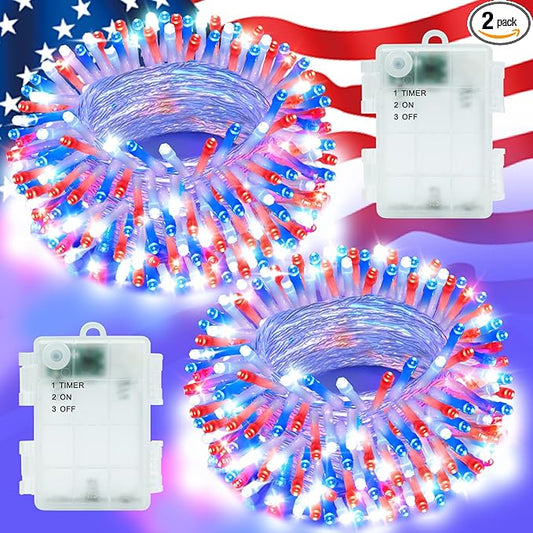 Red White and Blue Lights String for 4th of July Decorations Outdoor Total 100 LED 33ft for Memorial Day Decorations, Battery Operated Waterproof Timer Patriotic for Independence Day, 2-Pack