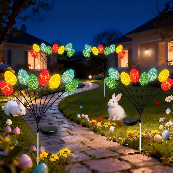 4 Pack Solar Easter Egg Lights with 32 Multicolor LED Eggs, Waterproof Colorful Solar Powered Outdoor Lights for Yard, Pathway, Porch & Patio - Easter Decorations