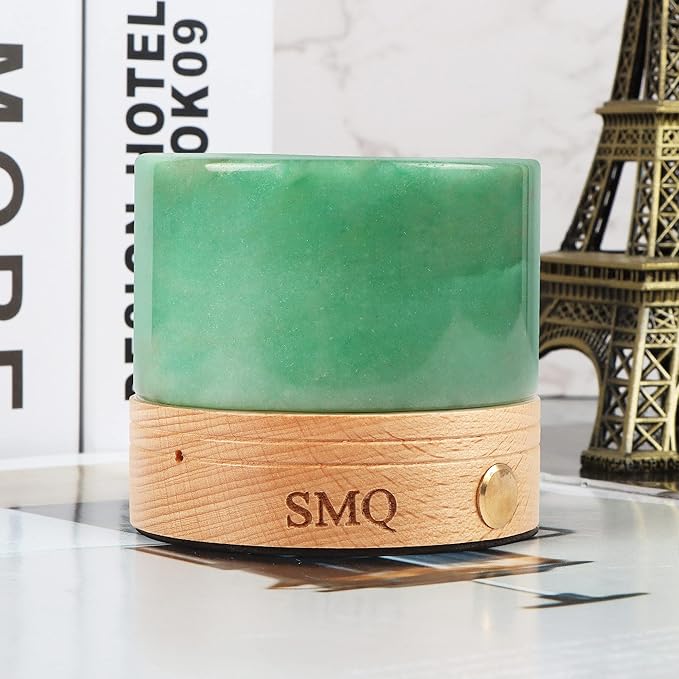SMQ Green Aventurine Crystal Night Light with USB Charging Port,Handmade Polished Healing Crystal Stones Lamp Cylindrical Touch Night Light with Wooden Base for Living Room,Shelf,Office Decor