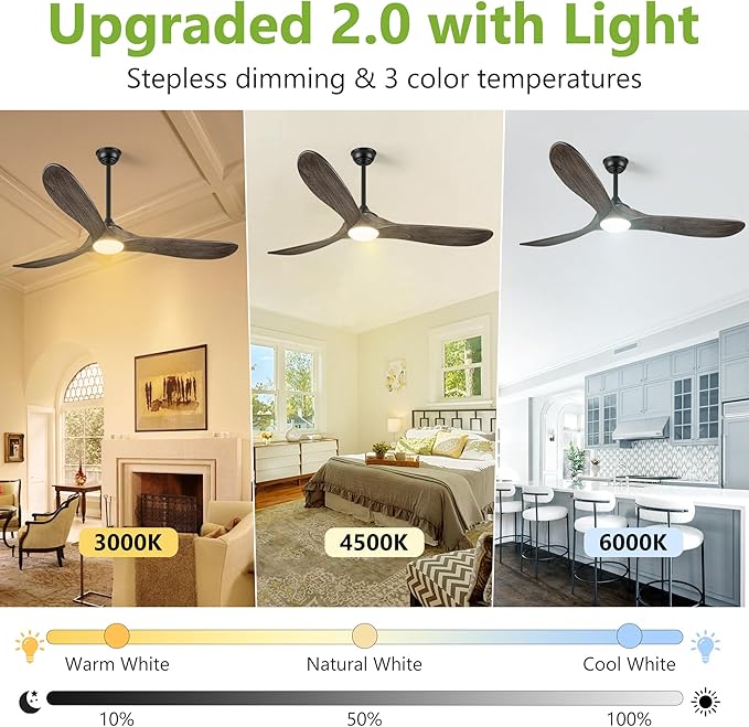 Haipeel 52 Inch Farmhouse Rustic Ceiling Fans with Lights, Dimmable Solid Wood Outdoor Ceiling Fan with Light and Remote Control 3 Blades Propeller Ceiling Fans for Patios Indoor Bedroom, Deep Brown