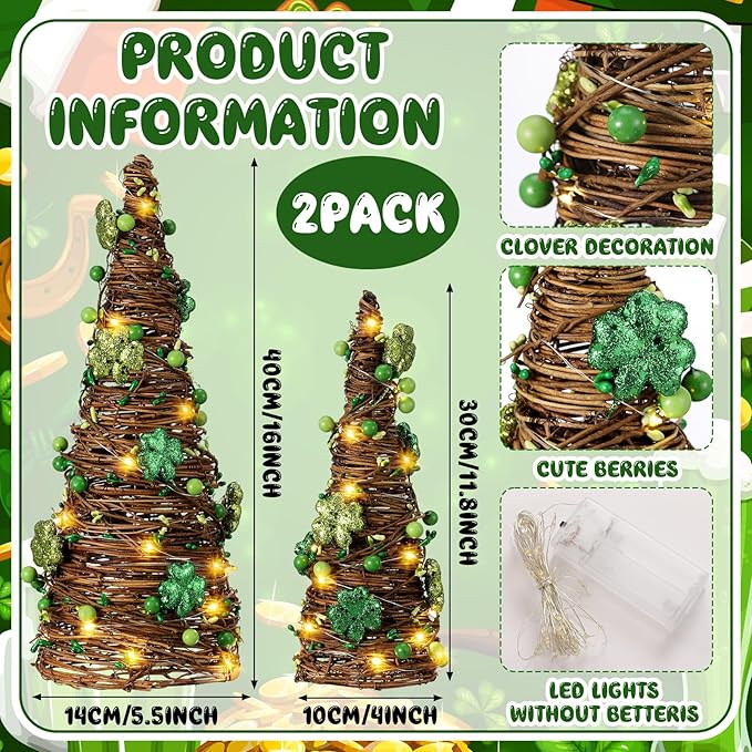 Soulchen 2 Pcs St. Patrick's Day Rattan Cone Tree Table Centerpieces Decorative Rattan Table Tree with Shamrock and Berries LED Lights for Irish Home Shelf Festival Indoor Outdoor Party Decoration