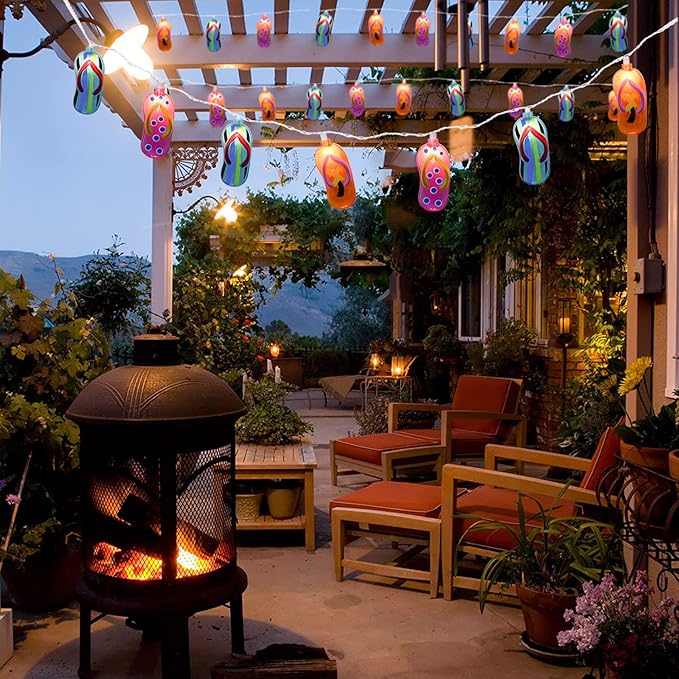 Multicolor Beach Flip Flop String Lights, 8.5Ft Beach Themed Outdoor Party Lights with 10 Multicolor Slipper Lights, Summer Ocean Decorations String Lights for Bedroom Camping Decks Party Lighting