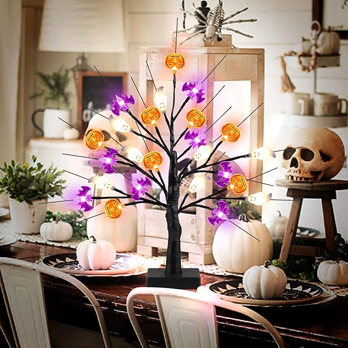 Mosoan 18 Inch Black Halloween Tree Light with 24 LED Pumpkin Bat Ghost Lights, Timer/USB/Battery Operated Halloween Lights, Indoor/Outdoor for Home, Table, Porch, Mantle, Party Decor