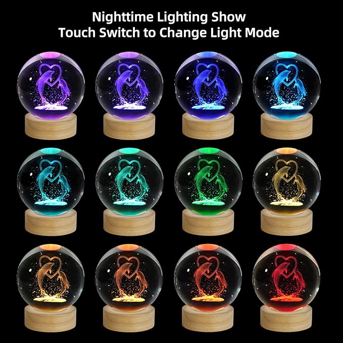 3D Dolphin Crystal Ball Night Light, Upgraded 3.15 Inch Glass Ball Lamp with 16 Color LED Wooden Base, Dolphin Decor Birthday Holiday Christmas Gifts for Boys Girls Friends
