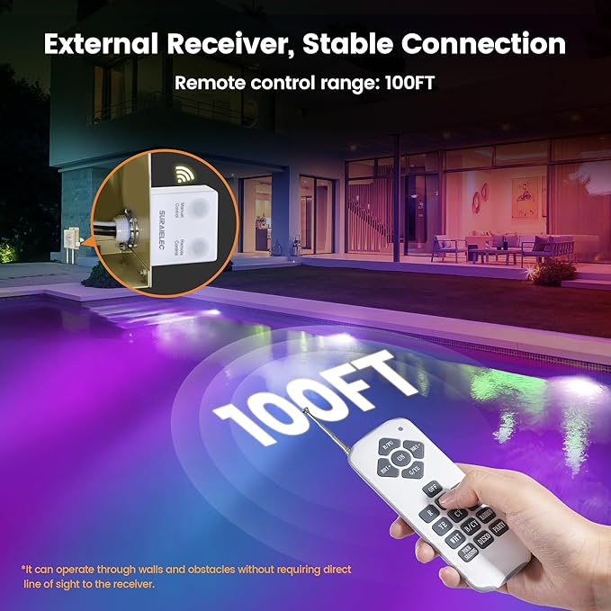 SURAIELEC 12V AC Pool Lights for Inground Pool, 10 inch Color Changing LED Pool Light with Remote Control, 300W Equivalent, Underwater Swimming Pool Light Fixture for Large Wet Niches, 100FT Cord