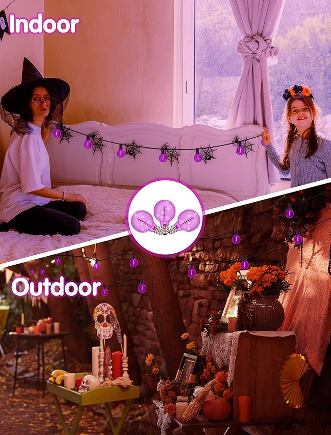 SUNSGNE 25 Pack Halloween Globe Purple Light Bulbs, G40 LED Purple Replacement Light Bulbs for Halloween Christmas String Lights, 0.6 Watt - E12 Candelabra Base