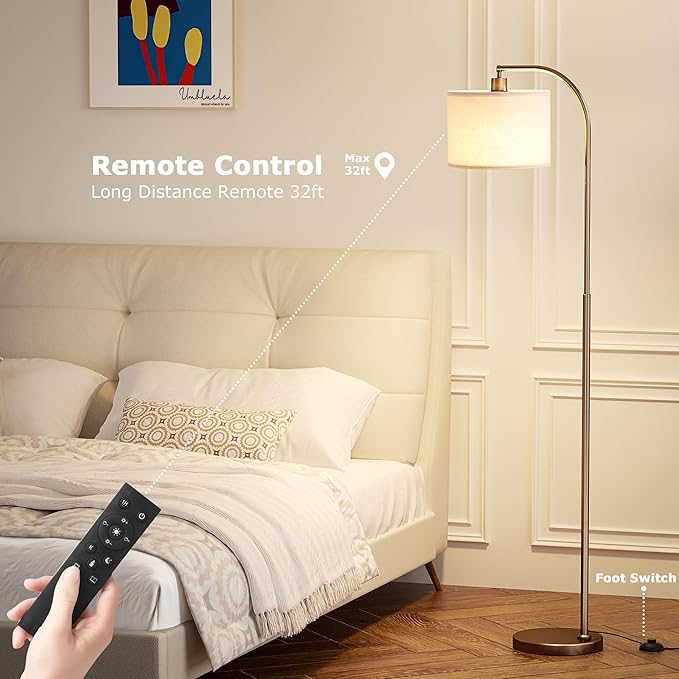 Ambimall Arc Floor Lamp with Remote and Stepless Dimmable Bulb, Colors Temperature & Brightness Adjustable, Floor Lamps for Living Room（Deep Beige Shade & Brown Pole）