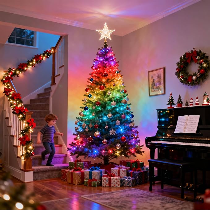 Color Changing Fairy Lights with Remote, USB 32.8ft RGB+IC Light Twinkle Bluetooth APP Control,Dimmable Xmas Music Sync Lights Timer IP67 Waterproof for Christmas Tree Indoor Outdoor Decor