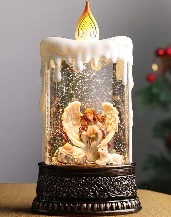 Angel Christmas Snow Globe Lantern, Nativity Lighted Christmas Decorations for Home Candle Shaped Snow Lantern with Music Timer Glittering, Home Decor Festival Gife, USB & Battery Operated