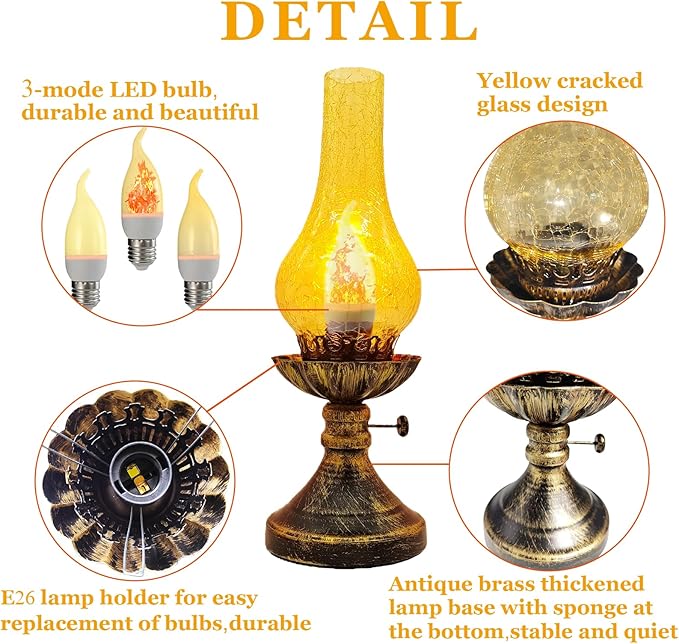 Vintage Table Lamp - 3 Modes Dimmable Retro Rustic Desk Lamp with Crackle Glass Shade, Antique Victorian Style, E26 Bulb Included, Ideal for Bedroom, Living Room, Home Decor (Yellow-Gold)