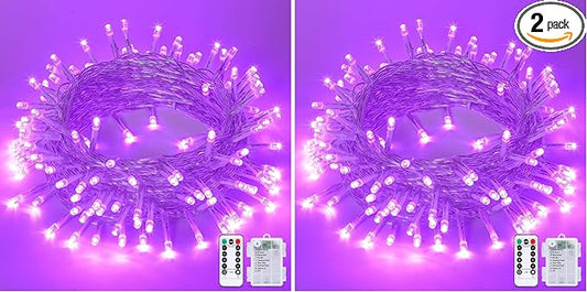 JMEXSUSS 33ft 100 LED Purple Christmas Lights, Battery Operated Christmas Lights with Remote Indoor Outdoor, Purple String Lights for Tree Room Proch Yard Xmas Decor (Pack of 2)
