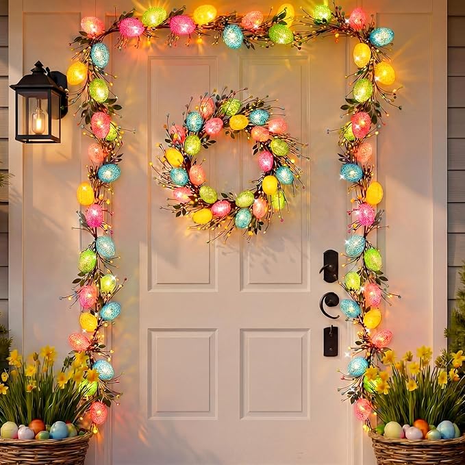 Enhon 6ft Easter Garland with Light, 15 LED Easter Egg Decoration, Spring Decorative for Mantle, Table Centerpieces, Stair Railing, Doorway, Windowsills, Front Door Décor & Party