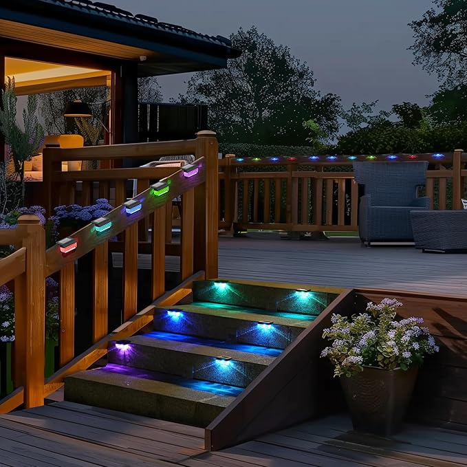 Solar Step Lights Outdoor, 8 Pack RGB Color Changing Christmas Solar Fence Lights, Waterproof Deck Lights for Outside, Step, Fence, Deck, Stair, Pool and Yard