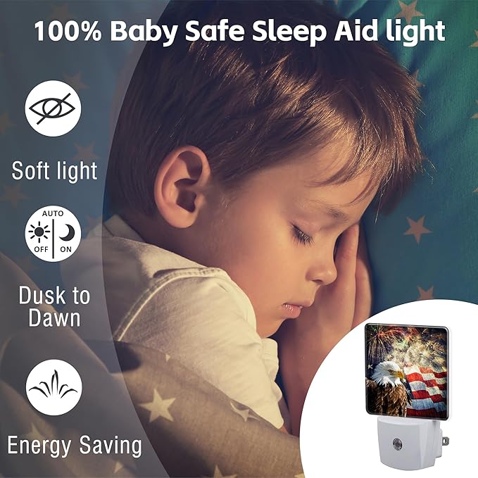 USA Flag and Bald Eagle Night Light Plug into Wall, American Patriotic Eagle Dusk to Dawn Night Light,0.5w Energy Saving Sleep Friendly Nightlights for Kids Boys Girls Home Decor