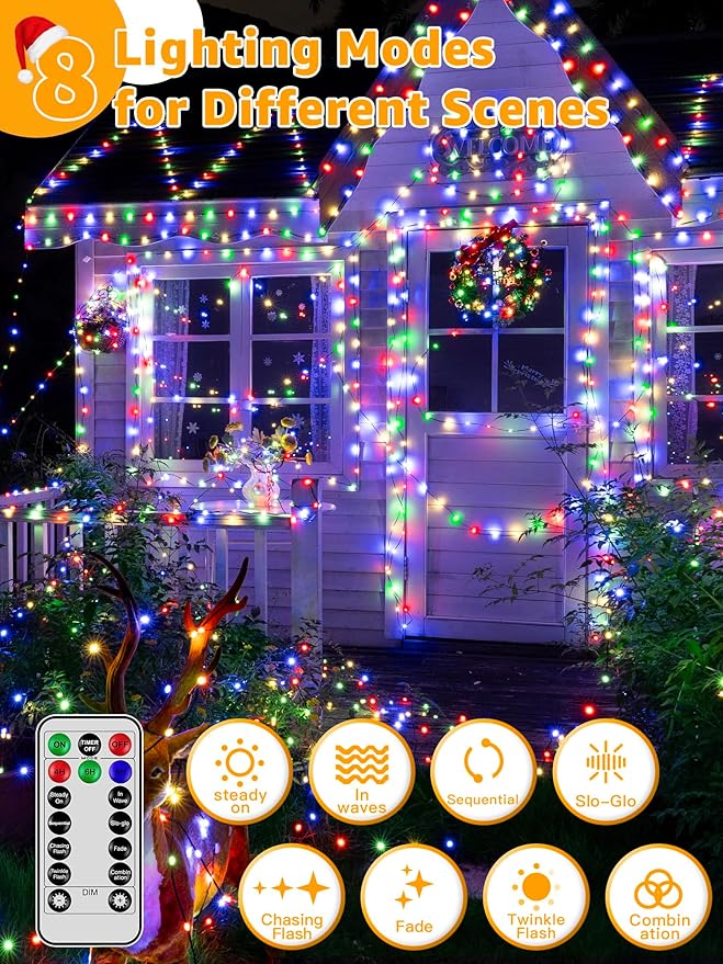 600 LED 196 FT Christmas Lights, Waterproof Outdoor String Lights with Remote and Timer, Christmas Tree Lights with 8 Modes Dimmable, Fairy Lights for Holiday Decor (Multicolor)