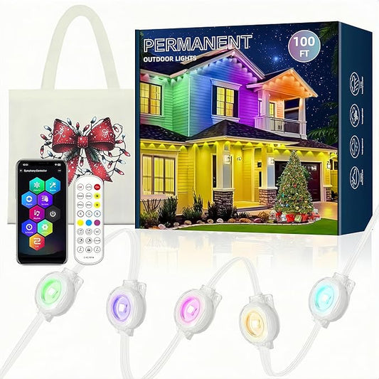 Permanent Outdoor Lights 150ft, RGBWC+IC Smart LED Strip with 50+ Scene Modes, IP68 Waterproof, App & Remote Control for Christmas, Holiday, Roof, and Pool Party Decor (100FT)
