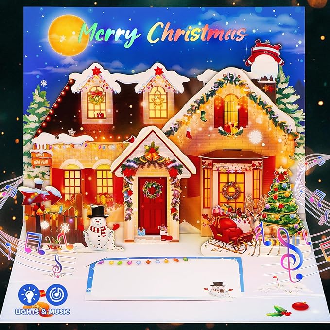 FaCraft Musical Christmas Cards, with Lights and Music, Decorated House, Handmade 3D Pop Up Christmas Card, with Envelope, Blank Insert and Seal, for Winter, Holidays, New Year