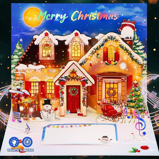 FaCraft Musical Christmas Cards, with Lights and Music, Decorated House, Handmade 3D Pop Up Christmas Card, with Envelope, Blank Insert and Seal, for Winter, Holidays, New Year