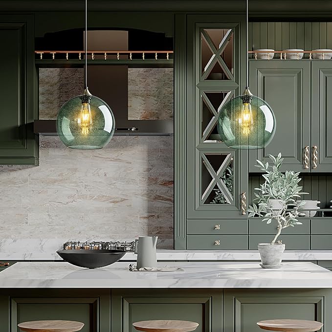 Gray Green Glass Pendant Lights Kitchen Island Lighting Globe Pendant Light Fixtures Modern Pendant Lighting for Kitchen Island Bedroom Living Dining Room Light Fixture(9.84in, 2-Pack)
