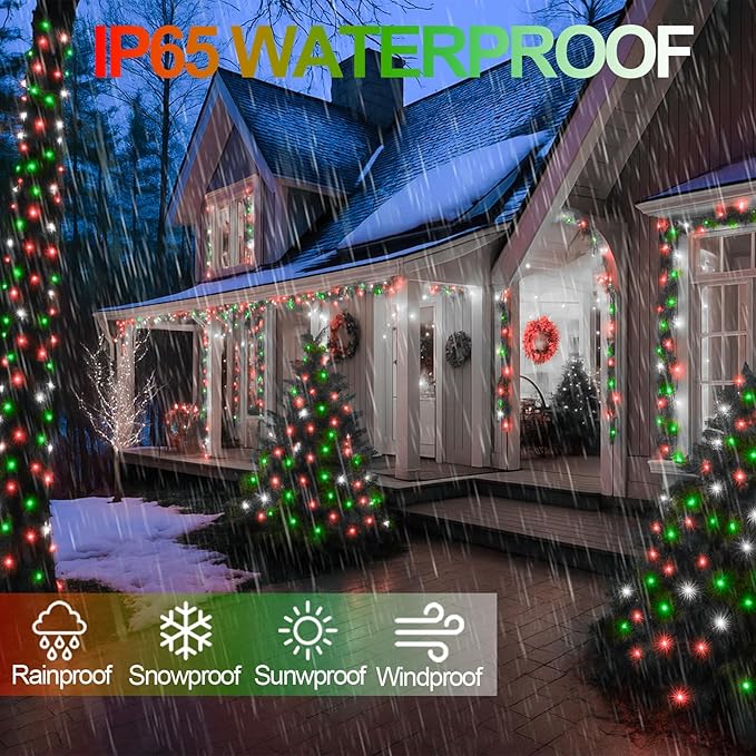 Extra-Long 144FT Solar String Lights for Outside, 2 Pack 400LED Solar Christmas Lights Outdoor, Waterproof Copper Wire with 8 Modes Twinkle Fairy Lights for Tree Party Xmas Decor (Red White and Green)