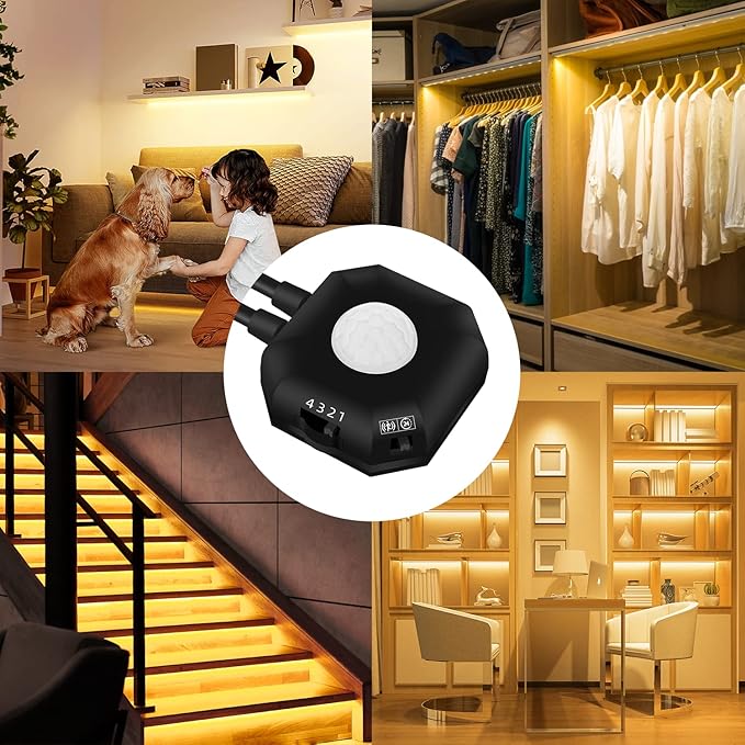 HOUHUI Motion Sensor LED Light Strip, 2PCS 9.8Ft Motion Sensor Light Indoor with Automatic Shut-Off Timer, Motion Activated Bed Lights Under Cabinet Lighting Kit for Bedroom Home Hallway-Warm White