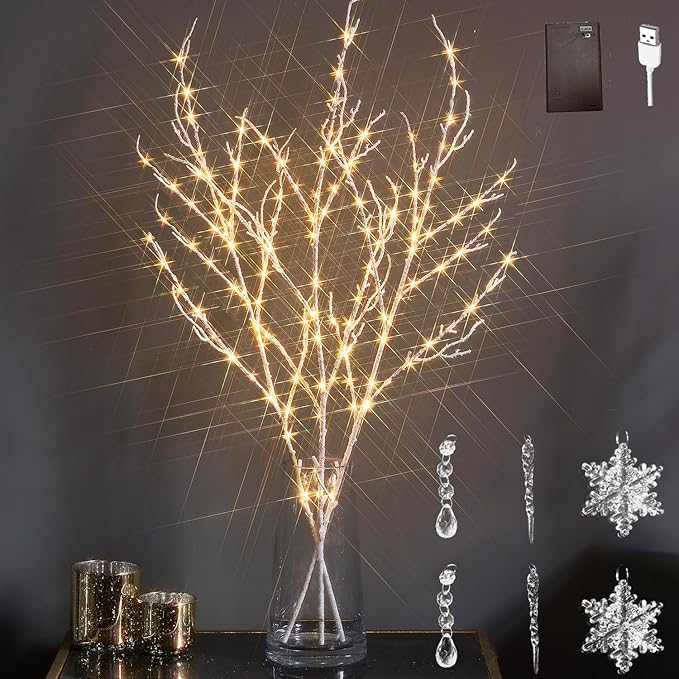 LITBLOOM Lighted Willow Branches Iredescent Glittered 32IN 120 LED with Timer Battery Operated and USB Plug in, Tree Branch with Fairy Lights for Home Room Christmas Decoration