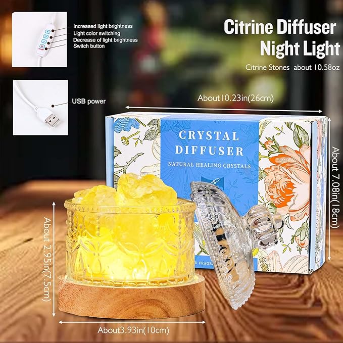 Runyangshi Crystal Lamp Night Light - Natural Citrine Crystal Stone, 3 Lighting Modes with 10 Brightness Levels, Kid & Pet Friendly Design, USB Powered, Ideal for Home and Decor & Gift