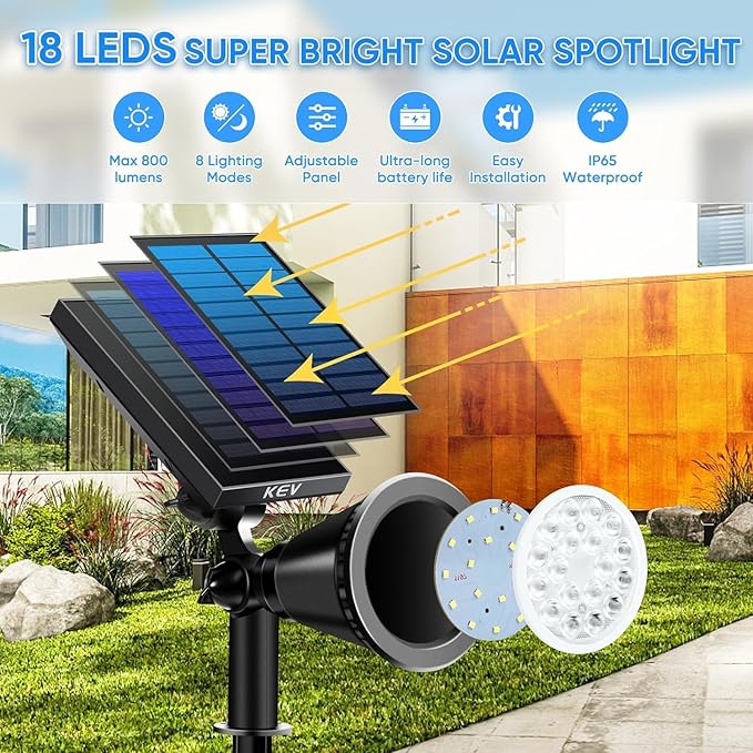 KEV Solar Spot Lights Outdoor,18 LEDs Color Changing RGB Solar Flood Lights with 8 Modes &IPX65 Waterproof,Halloween Solar Spotlight for Driveway/Backyard/Landscape/Tree(Multicolor,2 Pack)